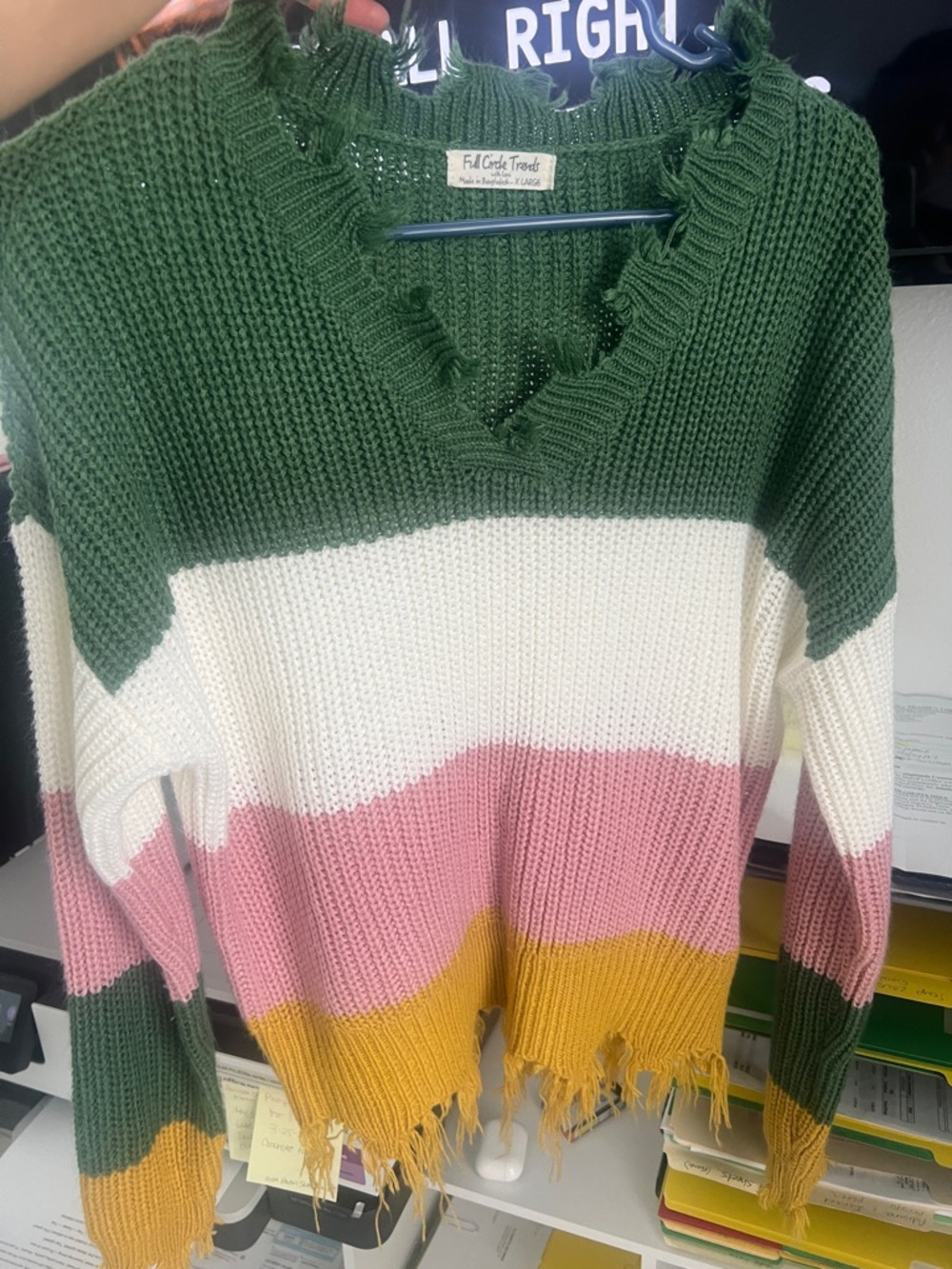Distressed Colorblock V-Neck Sweater - Green/White/Pink/Yellow